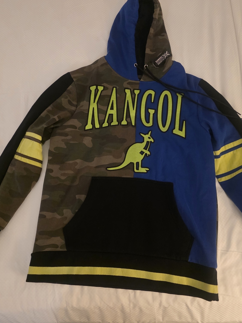 Kangol Blue & Camo Colorblock Hoodie with Lime Logo Patchwork Fleece Large